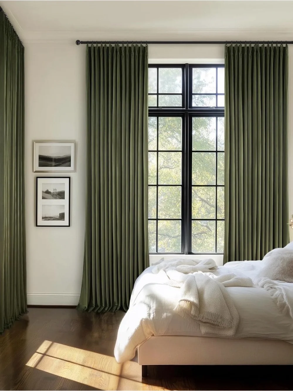 Olive Green Velvet Pinch Pleat Curtain Panel